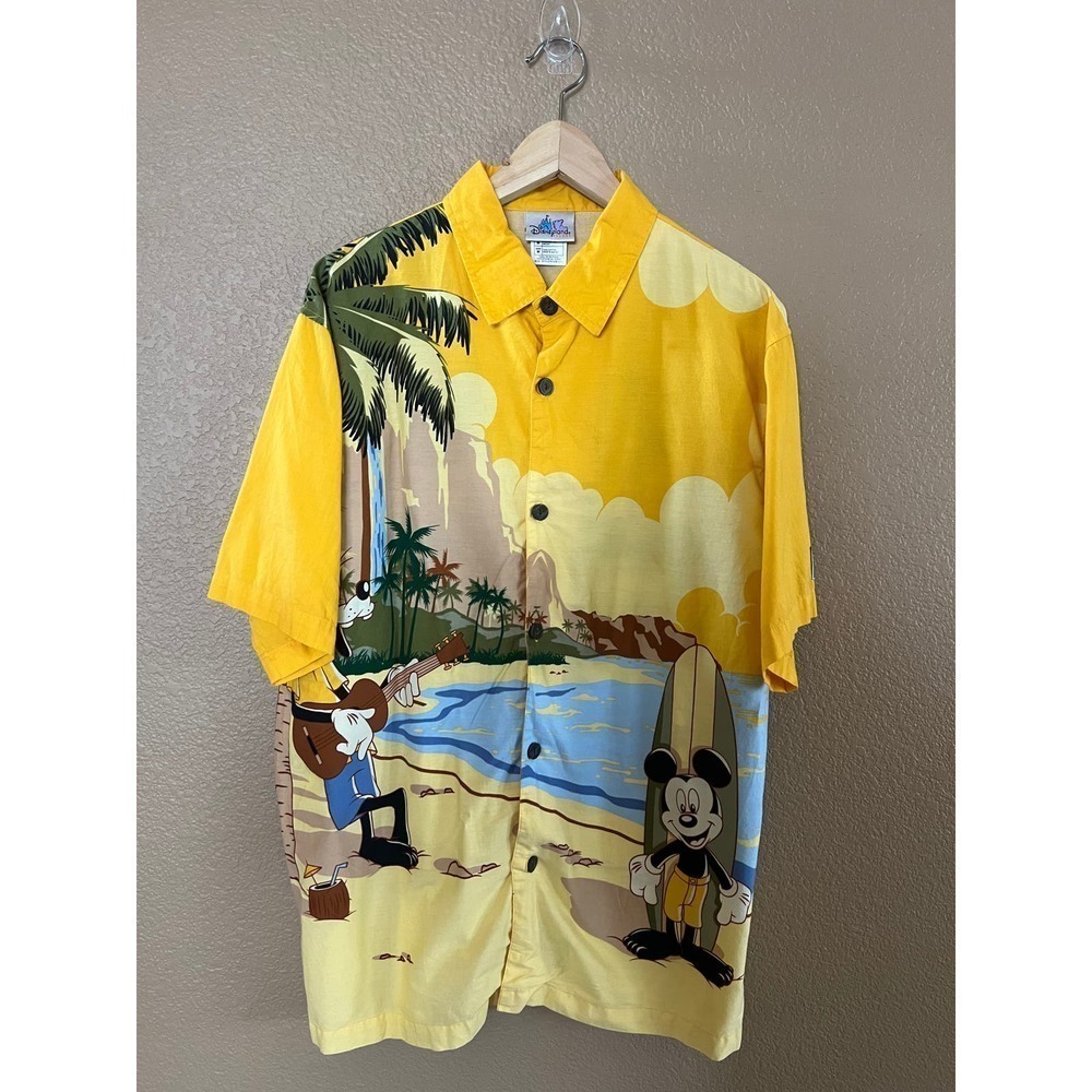 Disneyland Men's Rare Vintage Yellow Button Up Hang Loose Hawaiian Shirt Sz M